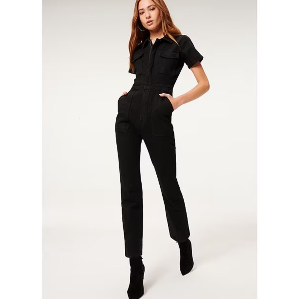 GOOD AMERICAN Denim Jumpsuit Flightsuit Point Collar Straight Leg Black Size 1